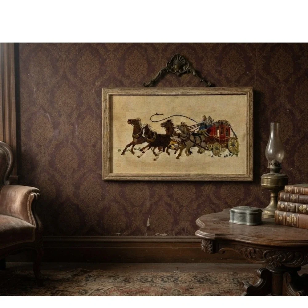 Vintage Western Stagecoach Horse Needlepoint Framed Wall Art 20.5x13 Grumbacher